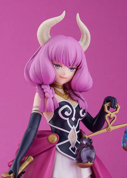 Frieren Beyond Journey's End POP UP PARADE Aura Figure with pink hair, horns, magenta cape, sword, and scale accessory