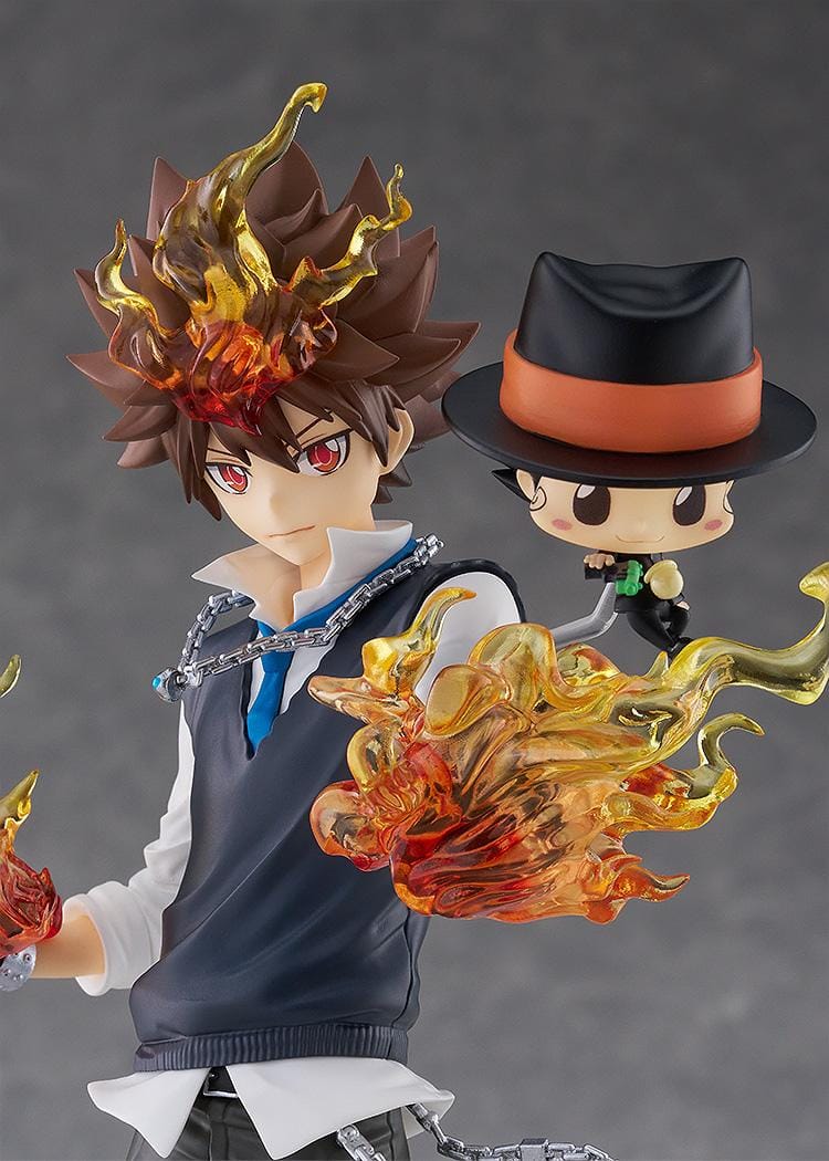 REBORN! POP UP PARADE SP Tsunayoshi Sawada and Reborn Figure featuring Tsuna with flame effects, chain accents, battle-ready pose, and Reborn beside him.