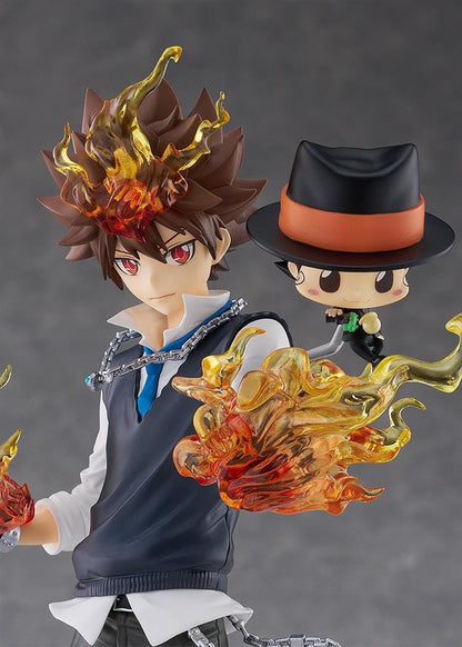 REBORN! POP UP PARADE SP Tsunayoshi Sawada and Reborn Figure featuring Tsuna with flame effects, chain accents, battle-ready pose, and Reborn beside him.