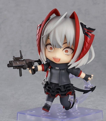 Arknights Nendoroid W Figure (Rerelease) featuring a silver-gray-haired anime girl with orange eyes, red and black horns, a black and red combat outfit, flowing scarf, and weapon accessories in a cute chibi design.