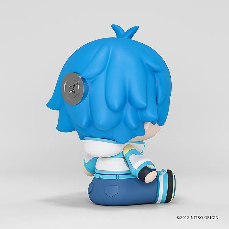 DRAMAtical Murder Huggy Good Smile Aoba figure with blue hair, star-filled eyes, headphones, and a blue-and-white outfit in a seated pose.