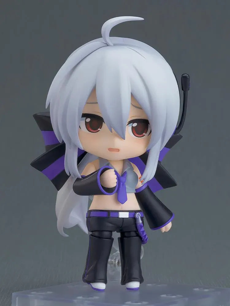 Yowane Haku Nendoroid figure featuring silver hair, purple-and-black outfit, interchangeable face plates, and signature sake bottle accessory
