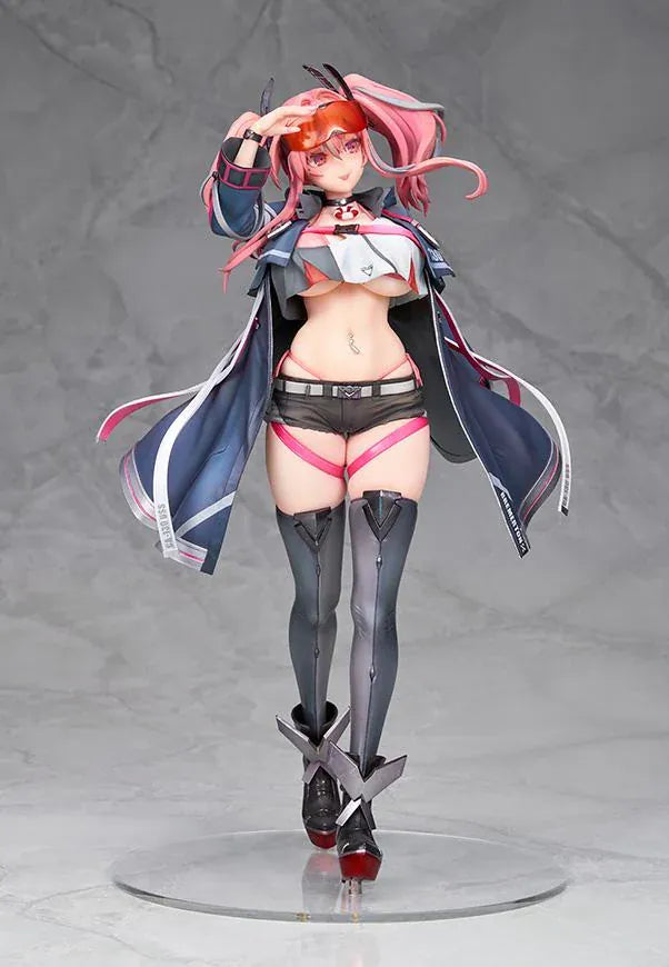 Azur Lane Bremerton 1/7 scale figure with pink twin tails, orange goggles, a navy coat, black shorts, and tall boots in a saluting pose.