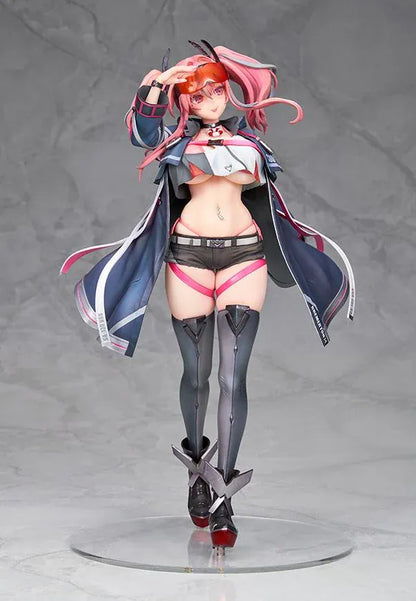 Azur Lane Bremerton 1/7 scale figure with pink twin tails, orange goggles, a navy coat, black shorts, and tall boots in a saluting pose.