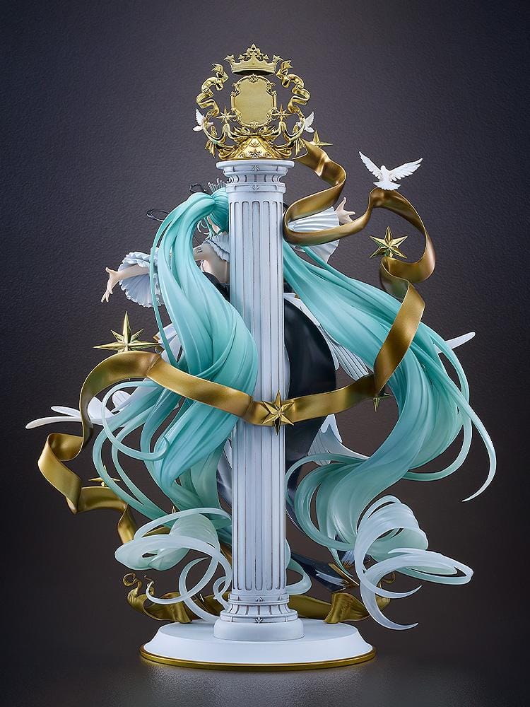 Hatsune Miku Symphony 10th Anniversary Ver. 1/7 scale figure with flowing turquoise hair, doves, gold ribbons, stars, and an ornate dress.