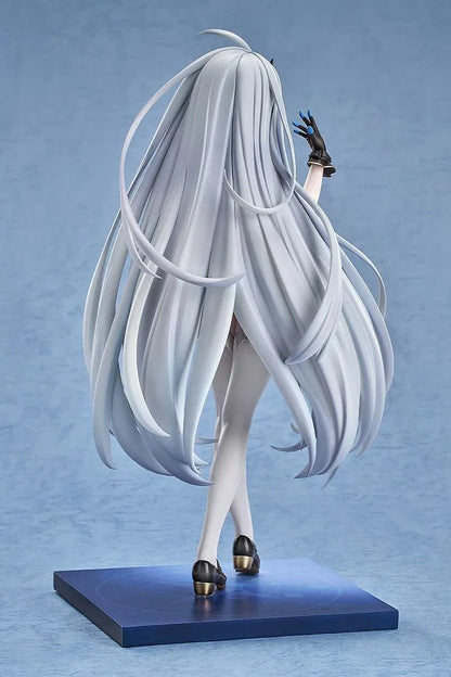 Stella Sora female Tyrant 1/7 scale figure with long silver-blue hair, a black-and-blue ruffled outfit, white stockings, and a blue display base.