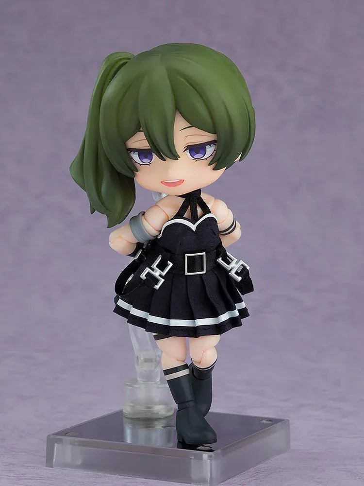 Frieren Beyond Journey's End Nendoroid Doll Übel with green hair, purple eyes, a black fabric dress with white trim, buckled belt, and black boots.