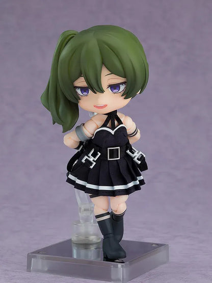 Frieren Beyond Journey's End Nendoroid Doll Übel with green hair, purple eyes, a black fabric dress with white trim, buckled belt, and black boots.