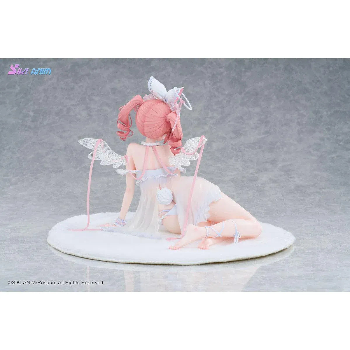 White Rabbit Rosu Angel Ver. Bonus Edition 1/4 Scale Figure illustrated by Rosuuri, featuring a pink-haired bunny girl with white rabbit ears, delicate angel wings, and a frilly white and pink outfit reclining on a fluffy display base.