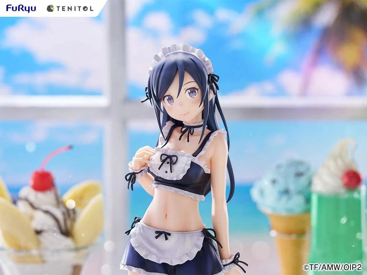 Oreimo Tenitol Tall Ayase Aragaki Swimsuit Maid Ver. Figure featuring Ayase in a navy and white maid swimsuit holding a relaxed pose surrounded by desserts