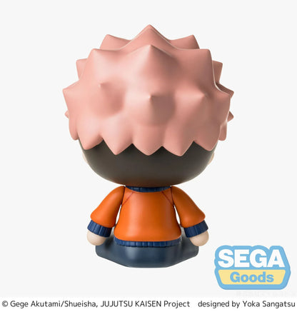Yuji Itadori chibi figure in a seated pose with pink hair, facial markings, and an orange and navy outfit.
