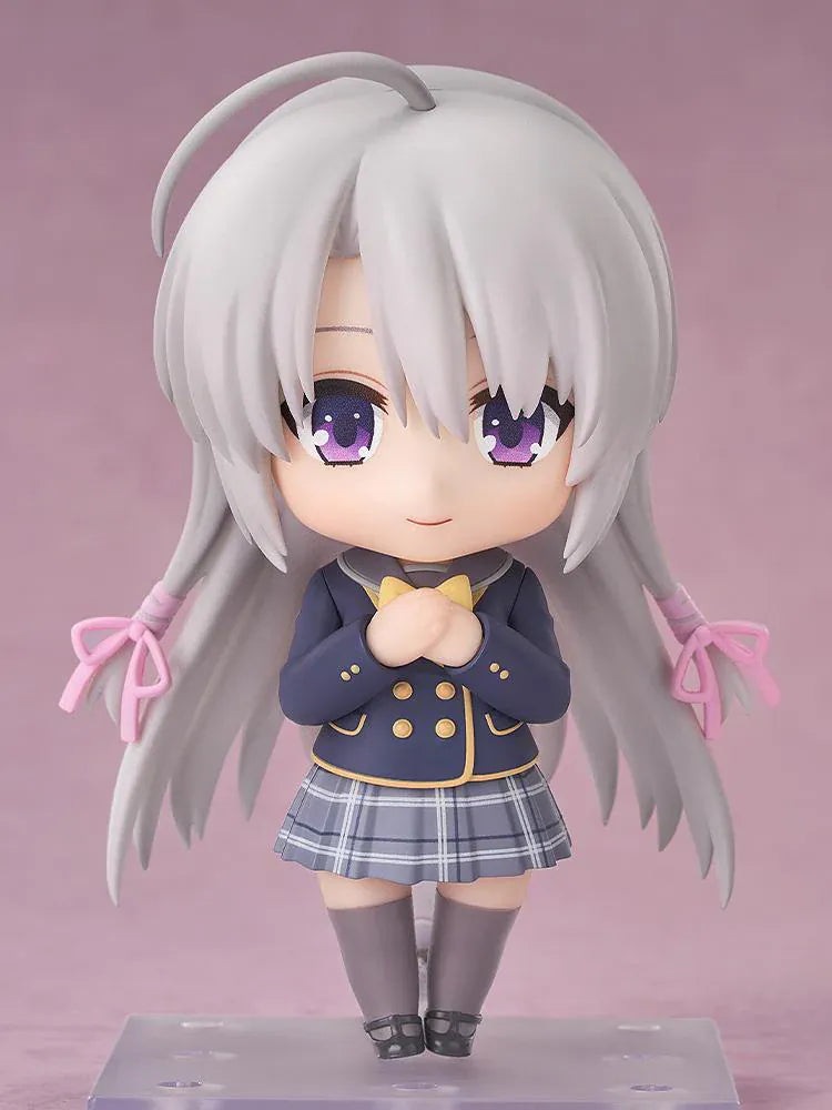 Sabbat of the Witch Nendoroid Nene Ayachi Figure featuring Nene in a chibi-style design with long silver hair, purple eyes, school uniform, yellow bow, and pink ribbon hair ties.