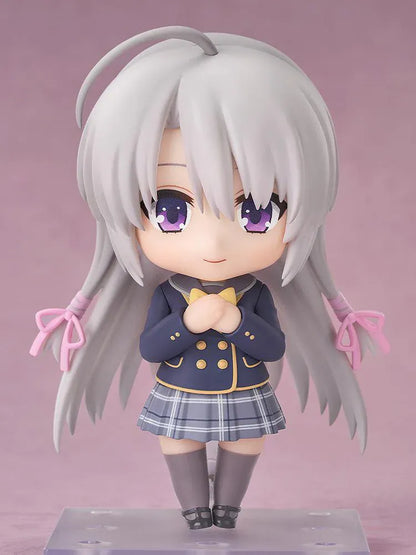 Sabbat of the Witch Nendoroid Nene Ayachi Figure featuring Nene in a chibi-style design with long silver hair, purple eyes, school uniform, yellow bow, and pink ribbon hair ties.