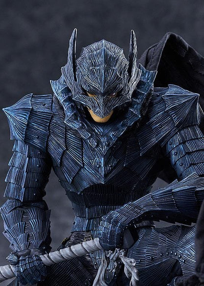 Berserk Guts and Griffith figure set, with Guts crouching in black armor holding a massive sword and Griffith standing in pale blue armor with flowing white hair.
