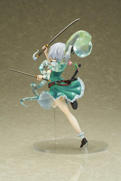 Touhou Project Youmu Konpaku figure wielding two swords in an airborne pose, wearing a green outfit with a translucent swirling spirit effect.