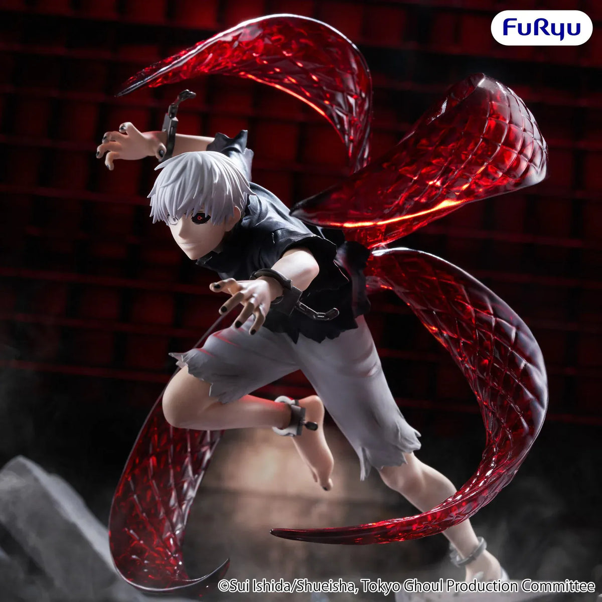 Ken Kaneki Muchute figure charging forward with white hair, an exposed ghoul eye, and four translucent red kagune surrounding him.