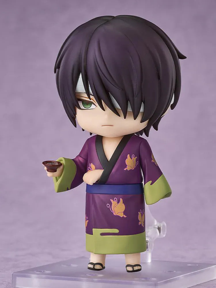 Gintama Nendoroid Shinsuke Takasugi Figure wearing a purple kimono with pipe accessory and bandaged eye detail