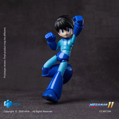 Mega Man Original Series action figure by Hiya Toys with interchangeable faces, hands, Mega Buster, charged-shot effect, and clear display stand.