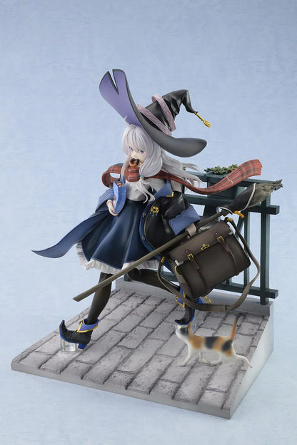 Wandering Witch The Journey of Elaina Elaina DX Ver. 1/7 Scale Figure Rerelease featuring Elaina seated on a bench with witch hat, broom, travel bag, cat, and stone-pavement display base.