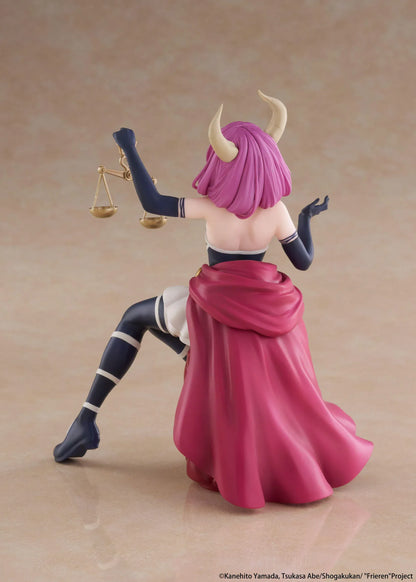 Desktop Cute Aura figure seated on a burgundy tufted stool, with purple hair, curved horns, a dark outfit, and golden balance scales held aloft.