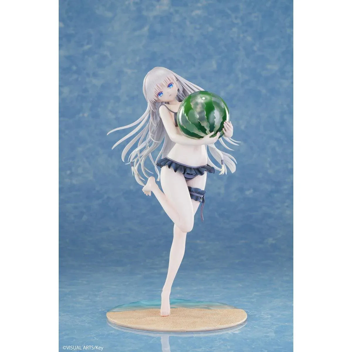 Summer Pockets REFLECTION BLUE Shiroha Naruse 1/6 scale figure wearing a black swimsuit and holding a watermelon on a beach-themed base.