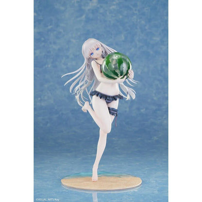 Summer Pockets REFLECTION BLUE Shiroha Naruse 1/6 scale figure wearing a black swimsuit and holding a watermelon on a beach-themed base.