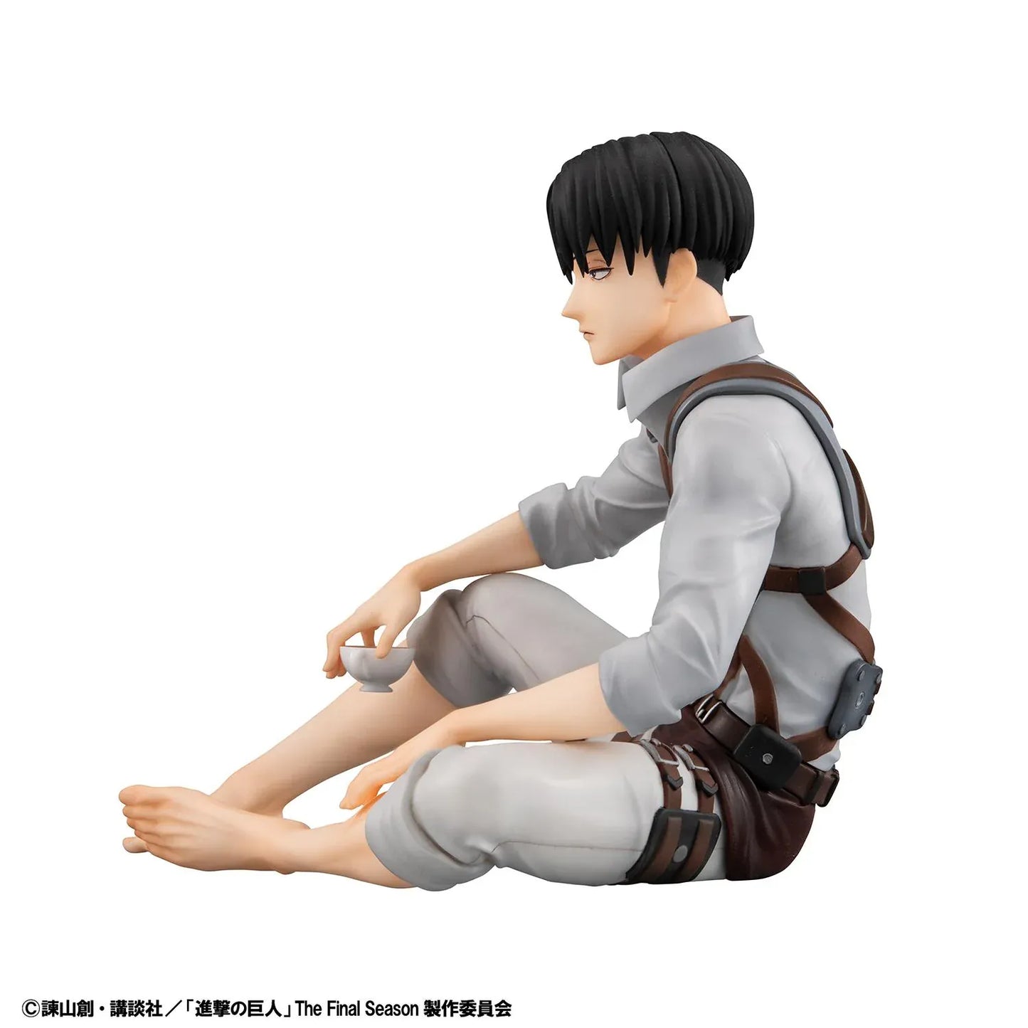 Attack on Titan G.E.M. Series Levi Tenohira Figure seated with short black hair, harness outfit, and serious expression