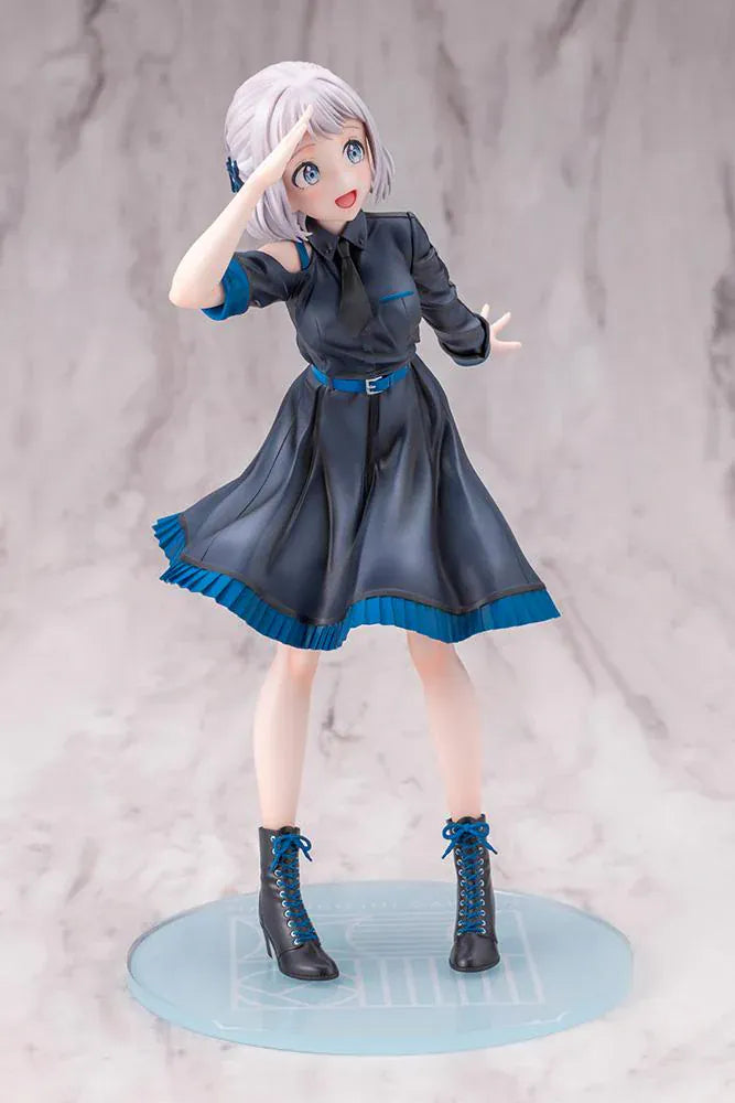 The Idolmaster Gakuen Lilja Katsuragi Hakusen DX Ver. 1/7 Scale Figure featuring Lilja with short silver hair, black dress with blue accents, boots, and themed display base.
