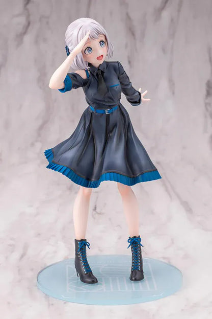 The Idolmaster Gakuen Lilja Katsuragi Hakusen DX Ver. 1/7 Scale Figure featuring Lilja with short silver hair, black dress with blue accents, boots, and themed display base.