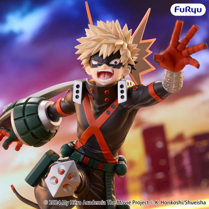 Katsuki Bakugo Muchute figure in his hero costume performing a dynamic airborne attack pose with grenade-shaped gauntlets.