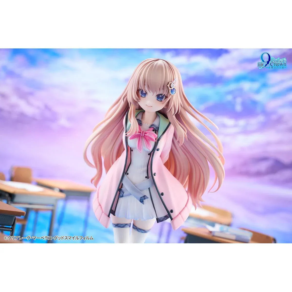 9-nine- Ruler's Crown Miyako Kujo 1/6 Scale Figure featuring a pink-haired anime girl with blue eyes wearing a white and blue school uniform, pink jacket, and matching ribbon, standing on a detailed light-blue gear-shaped display base.