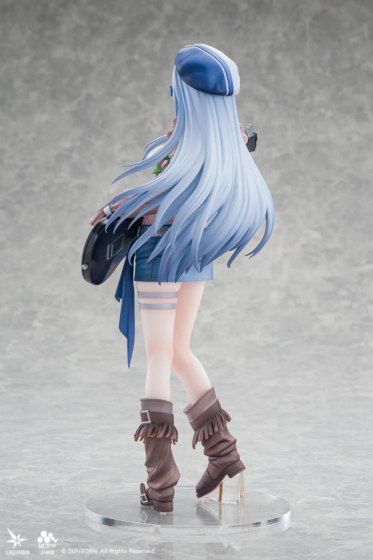 Girls' Frontline Klukai 10th Anniversary 1/6 scale figure with pale blue hair, a beret, brown jacket, blue skirt, and black bass guitar.