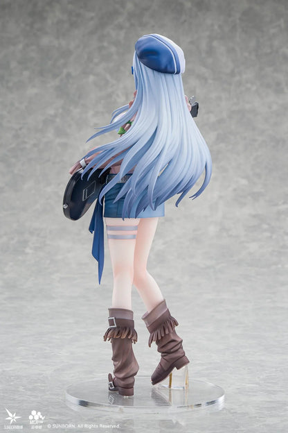 Girls' Frontline Klukai 10th Anniversary 1/6 scale figure with pale blue hair, a beret, brown jacket, blue skirt, and black bass guitar.