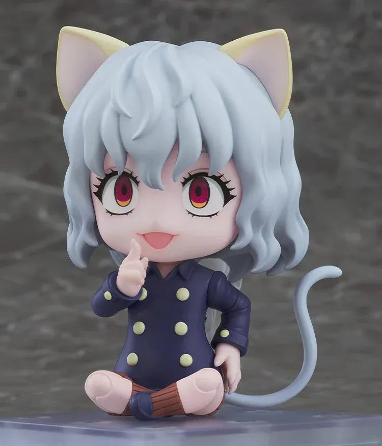 Hunter x Hunter Nendoroid No.2913 Neferpitou chibi figure with cat ears, curly hair, navy coat, and tail