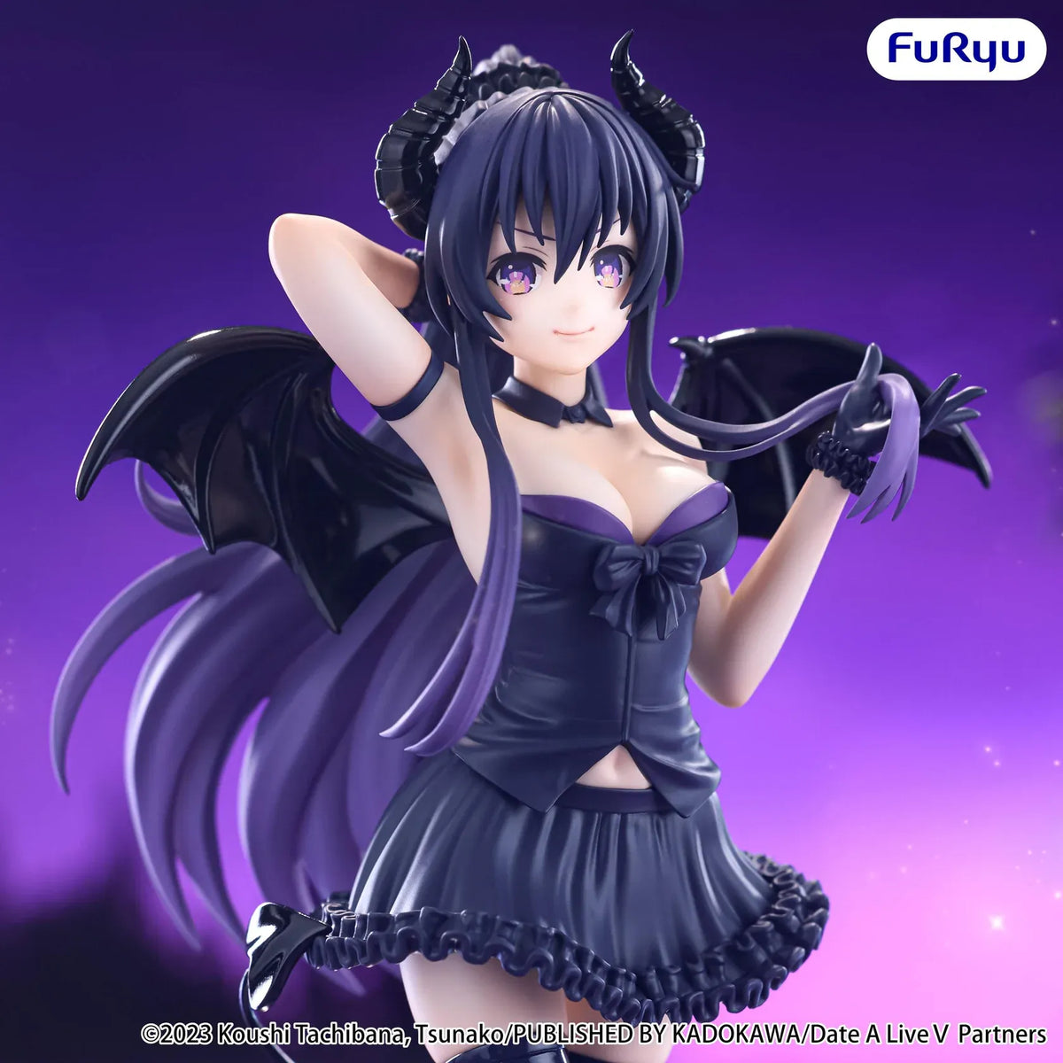 Date A Live V BiCute Dark Tohka Yatogami figure with purple hair, curved horns, black wings, a ruffled outfit, and tall boots.