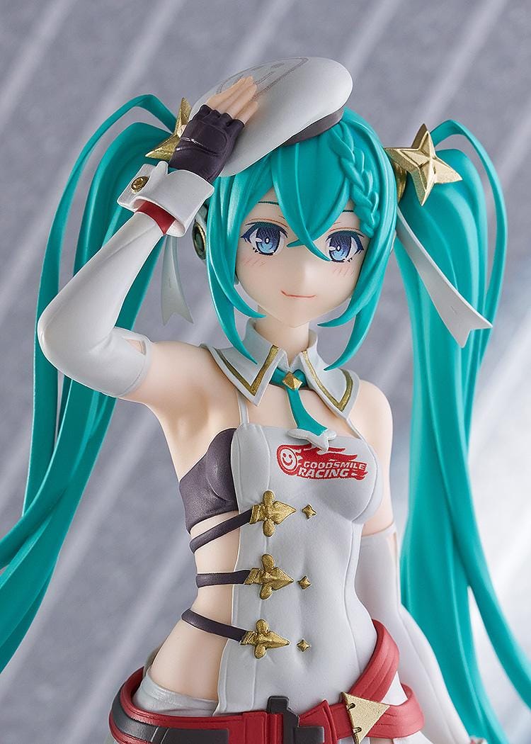 GOODSMILE RACING POP UP PARADE Racing Miku 2023 Ver Figure in white racing outfit with turquoise twin-tails