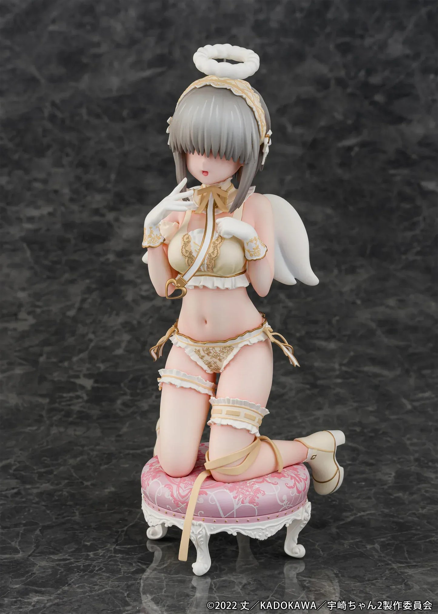 Yanagi Uzaki Angel Ver 1/7 scale figure from Uzaki-chan Wants to Hang Out kneeling with wings and halo on decorative stool