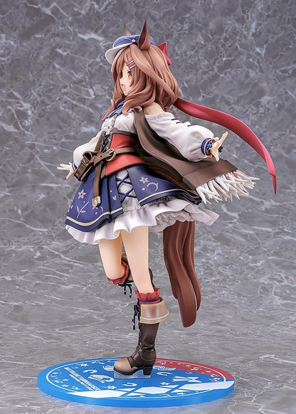 Umamusume Pretty Derby Matikanetannhauser 1/7 scale rerelease figure in a blue-and-red outfit with a flowing cape and themed display base.