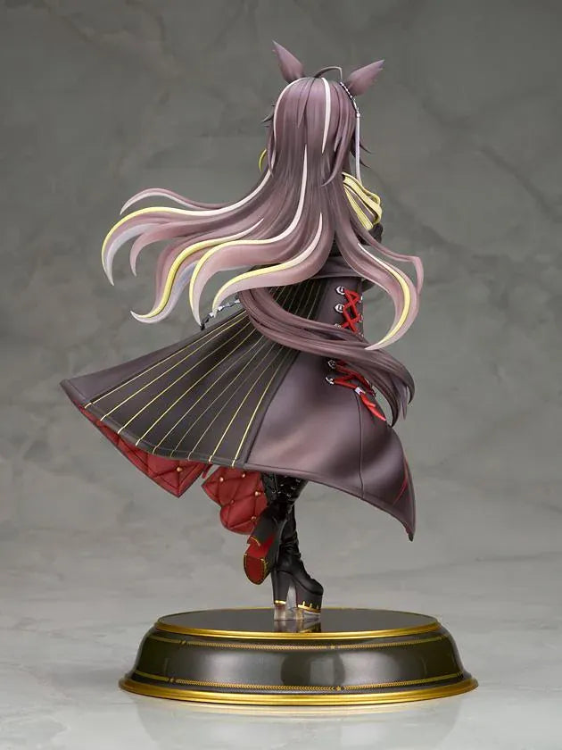 UmaMusume Dream Journey 1/7 scale figure with flowing hair, glasses, and a dark coat with red lacing, standing on a black and gold named pedestal.