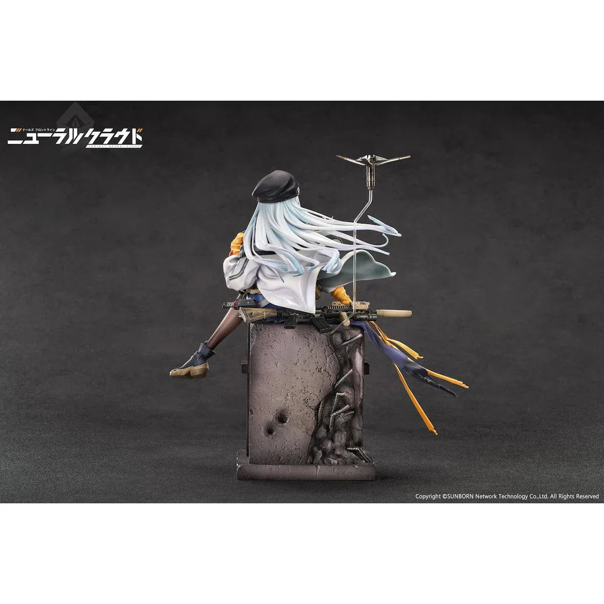 Girls' Frontline Neural Cloud Klukai 1/7 Scale Figure with long silver hair, military-inspired outfit, weapon accessories, seated pose, crate-style base, and bonus item