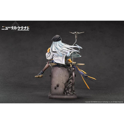 Girls' Frontline Neural Cloud Klukai 1/7 Scale Figure with long silver hair, military-inspired outfit, weapon accessories, seated pose, crate-style base, and bonus item