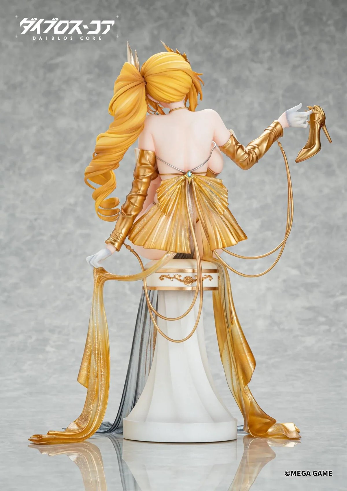 Daiblos Core Lobera Passionate Night Deluxe Edition 1/6 Scale Figure featuring a golden-blonde-haired anime character with golden eyes, an elaborate gold outfit, blue gemstone jewelry, ornate accessories, and flowing gold and silver fabrics seated on a decorative throne-inspired display. Includes an exclusive 300 × 500 mm illustrated wall scroll.