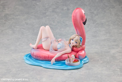 Brown Dust 2 Hot Summer Dream Justia 1/7 Scale Figure relaxing on a pink flamingo float with a water-themed display base