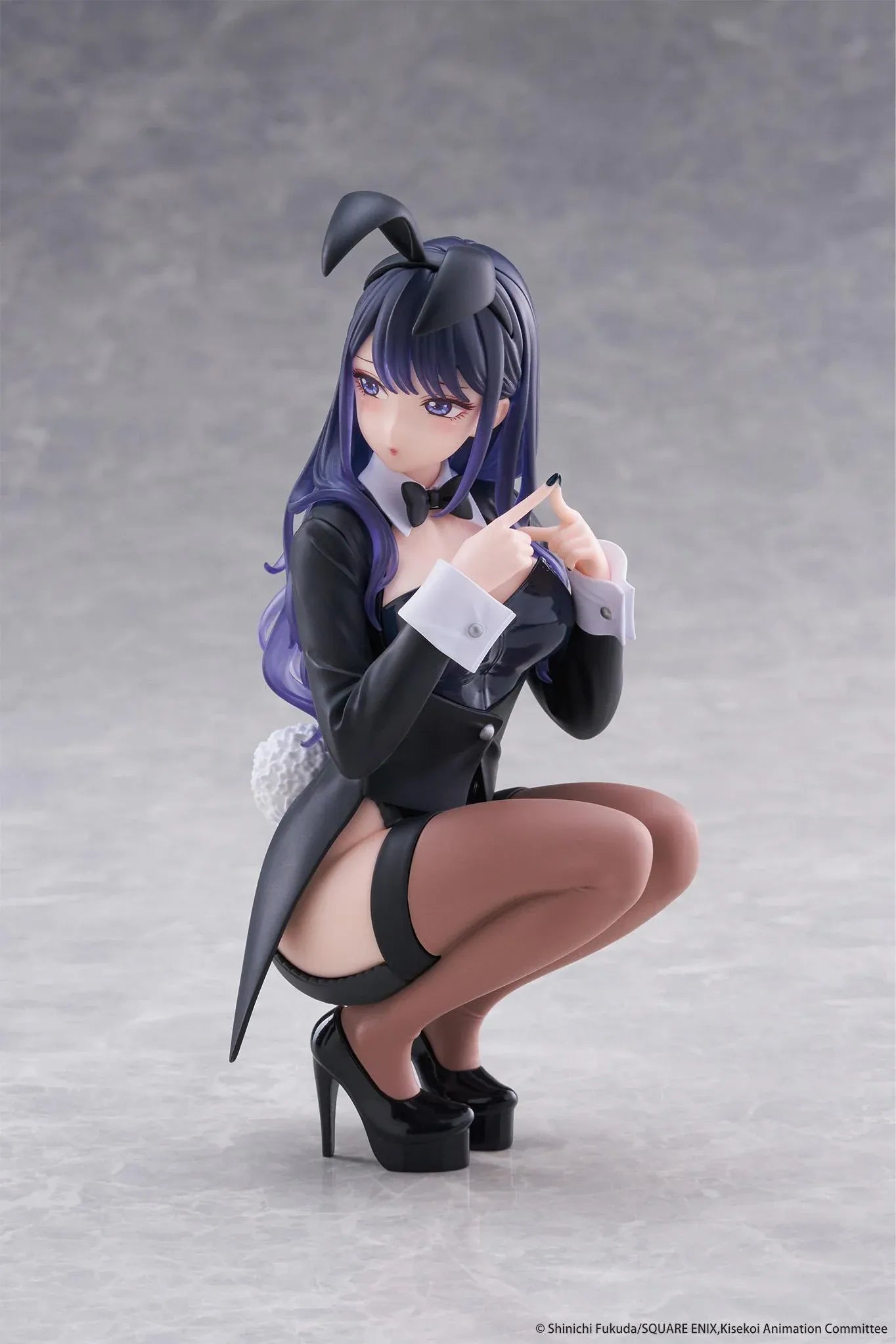 My Dress-Up Darling Desktop Cute Figure Marin Kitagawa Arisa Izayoi Ver. with purple hair, black bunny-style outfit, headband, and crouching pose
