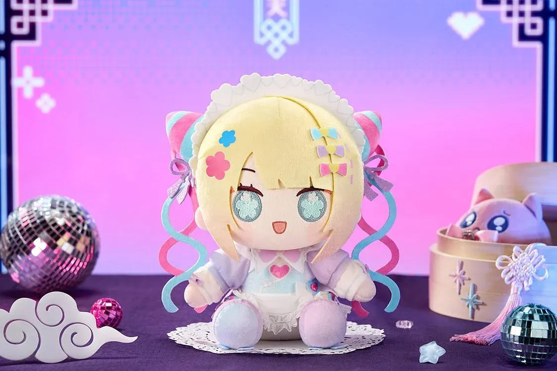 NEEDY STREAMER OVERLOAD Chinese Restaurant Series Huggy Doll OMGkawaiiAngel featuring a blonde-haired anime girl with mint-green embroidered eyes, pastel pink and blue ribbons, a frilly outfit, and a cute seated plush design.