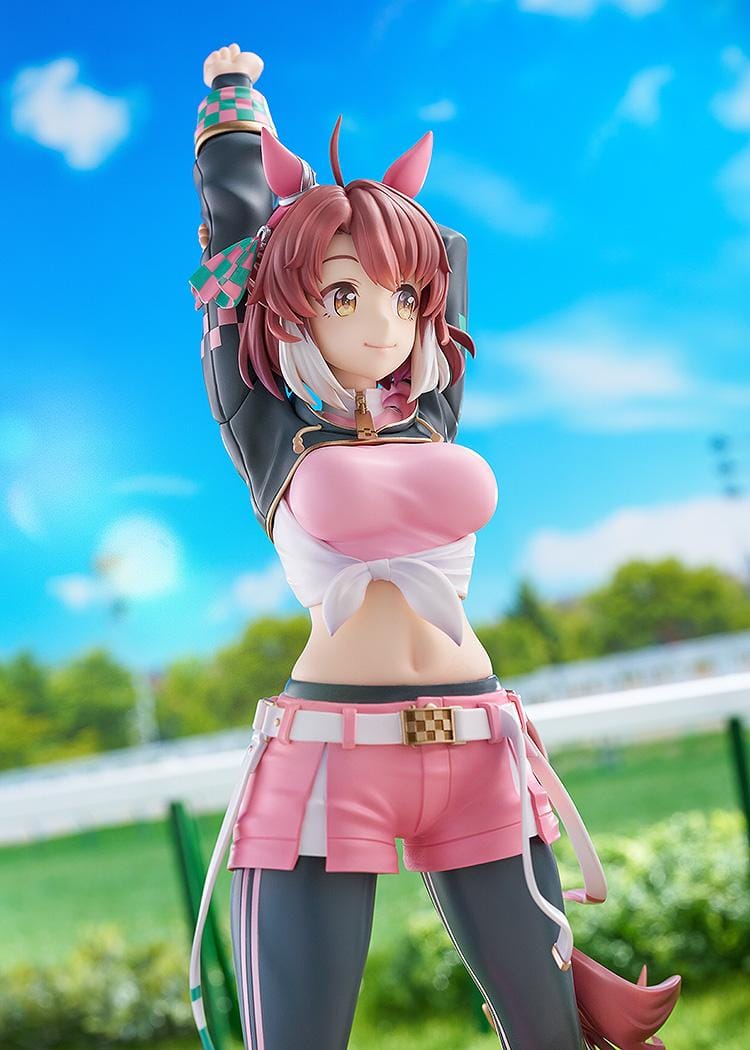 Uma Musume Pretty Derby Dantsu Flame 1/7 scale figure in pink athletic outfit with dynamic stretching pose and themed base