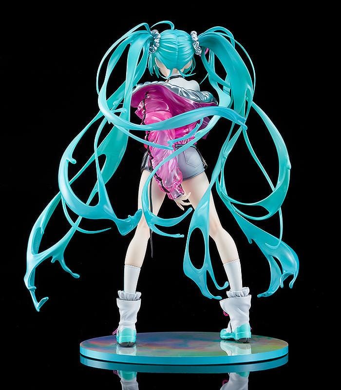 Hatsune Miku with SOLWA 1/7 Scale Figure Rerelease featuring Miku with teal twin tails, metallic pink jacket, silver outfit details, and a colorful display base.