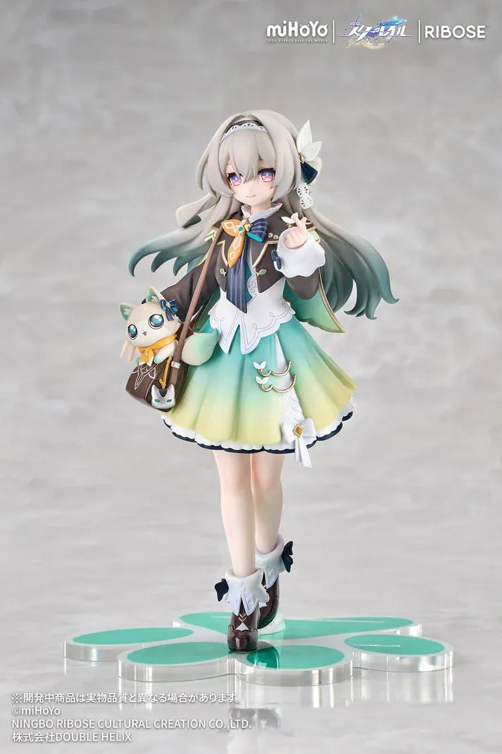 Honkai Star Rail Rise Up+ Chibi Cat Series Firefly Figure featuring Firefly in a cute chibi-style outfit with cat-themed display accents, colorful backdrop, and themed base.
