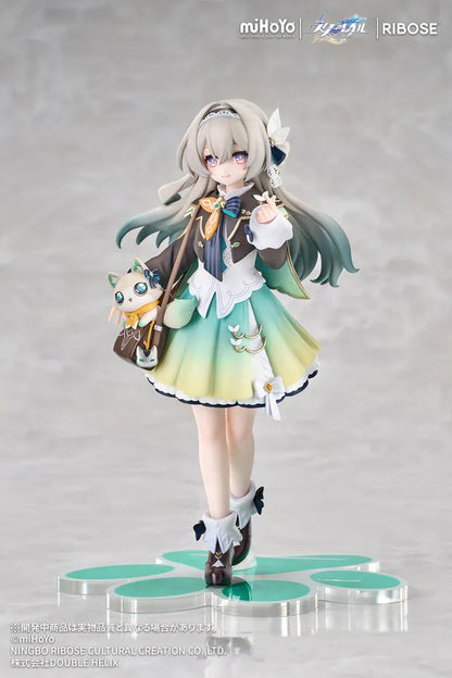 Honkai Star Rail Rise Up+ Chibi Cat Series Firefly Figure featuring Firefly in a cute chibi-style outfit with cat-themed display accents, colorful backdrop, and themed base.