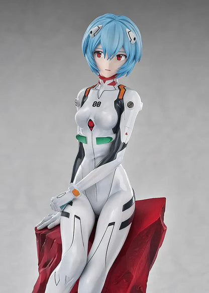 Rebuild of Evangelion Rei Ayanami 1/7 scale figure seated on red battle-style base in white plugsuit